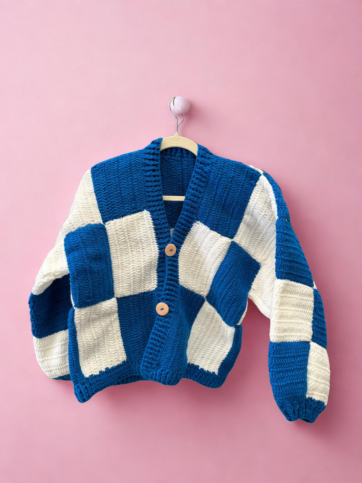 Blue & White Checkered Crochet Cardigan